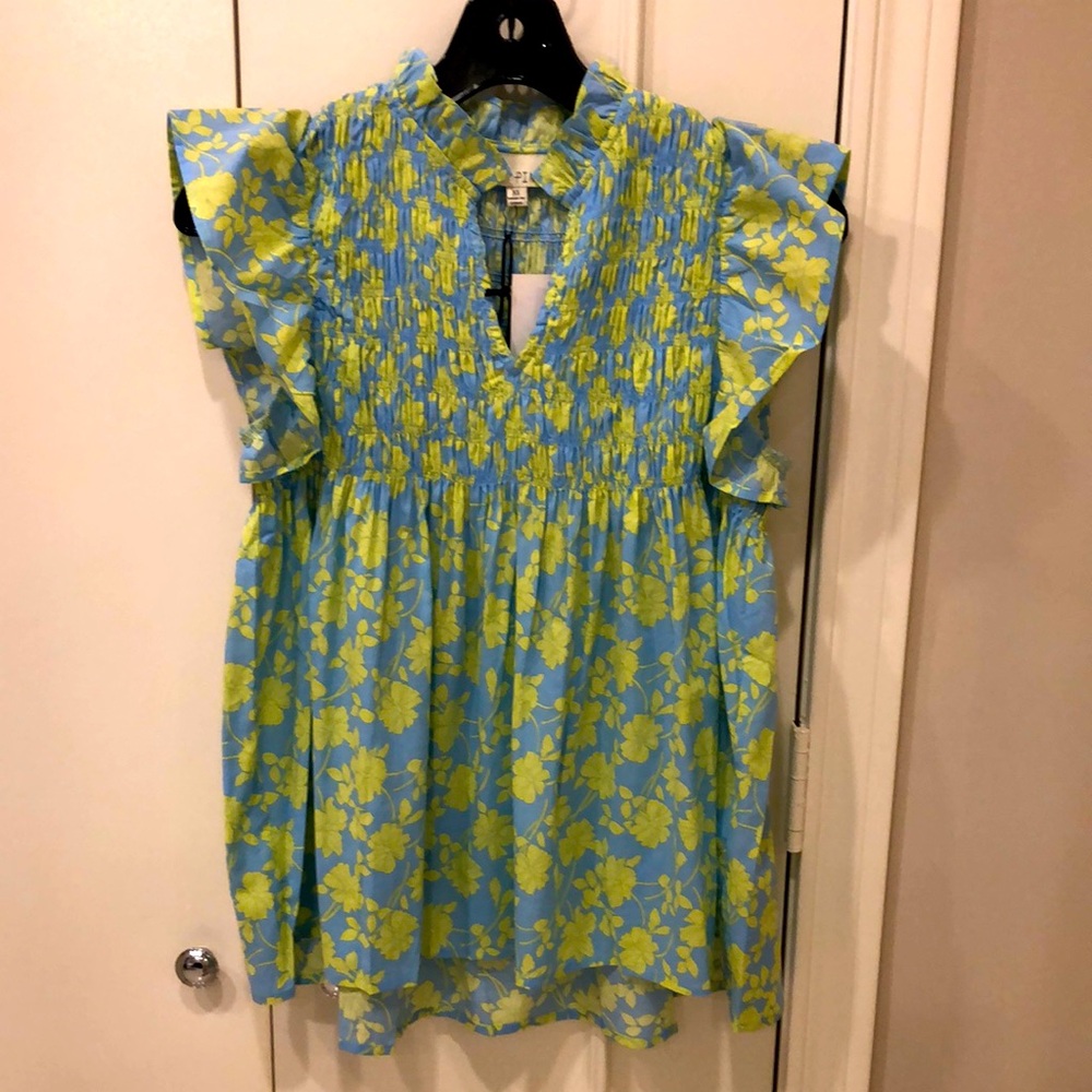 Pinch Blue and Lime Floral Flutter-Sleeve Blouse